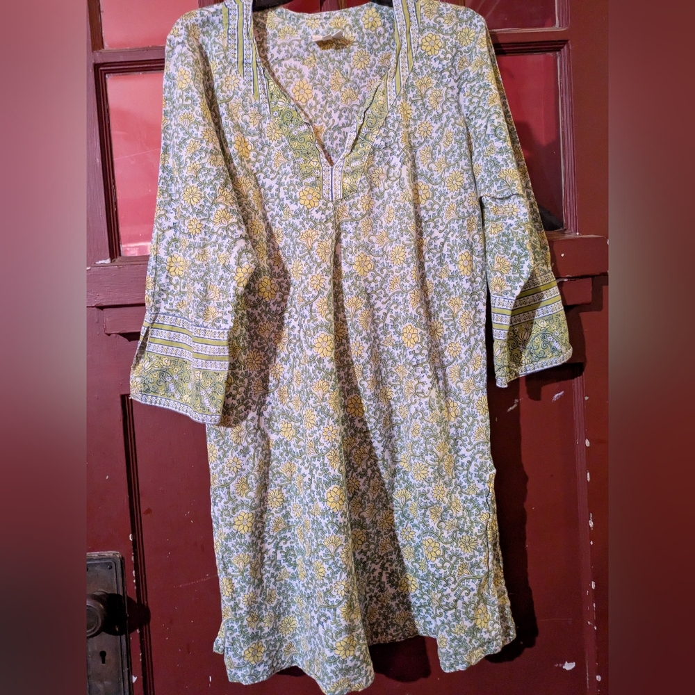 Gold And Green Block Print Anokhi Pour Simrane Kurta/Short Dress